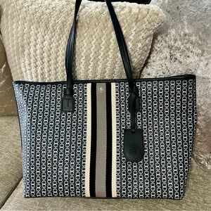 Tory Burch Black and Cream Signature Stripe Tote